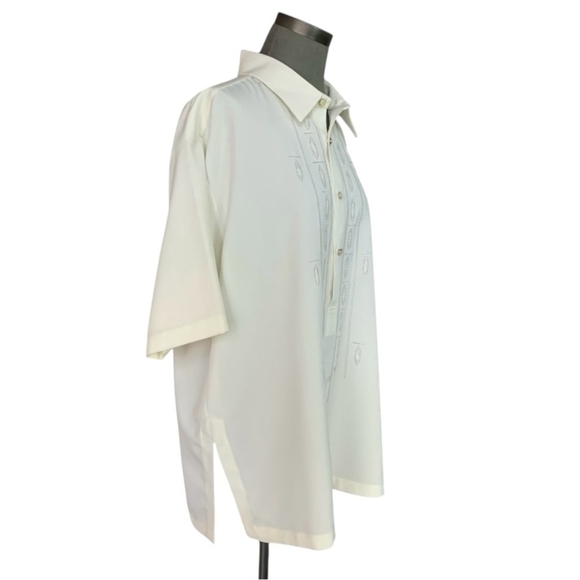 Mens Tee BURDA Short Sleeve Shirt Ivory Front Embroidered Button Front T-shirt - Picture 3 of 6